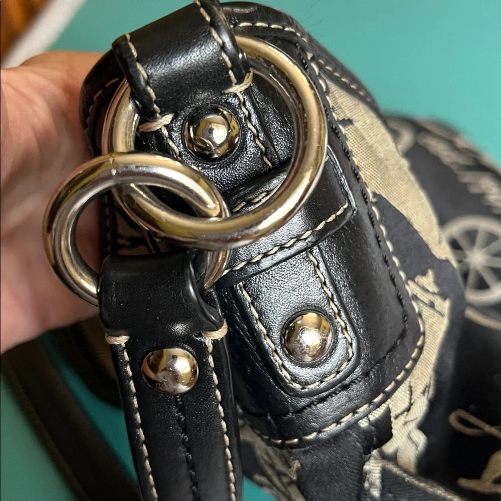 Coach Black and Silver Signature Carriage Hobo Bag Tan Classic Logo leather trim